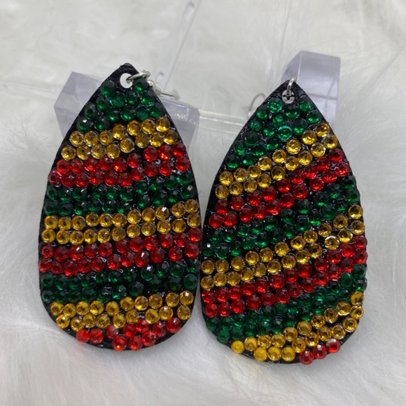 Faux Leather Earrings Covered in Rhinestones. Teardrop Earrings. Handmade - Picture 3 of 8